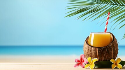 Fototapeta premium Tropical drink in coconut with flowers on a beach background.
