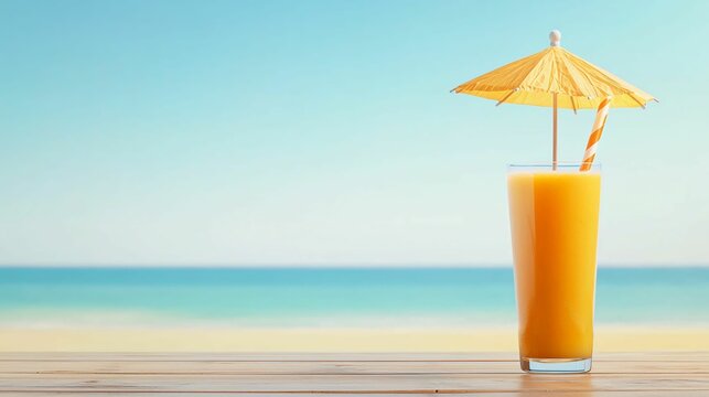 Tropical drink with umbrella on a beachside table.