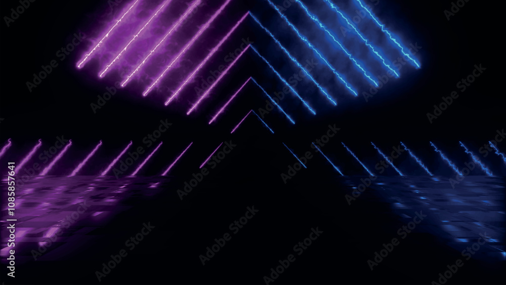 Poster abstract colorful background with bright neon beams and glowing lines reflecting on the floor. clean