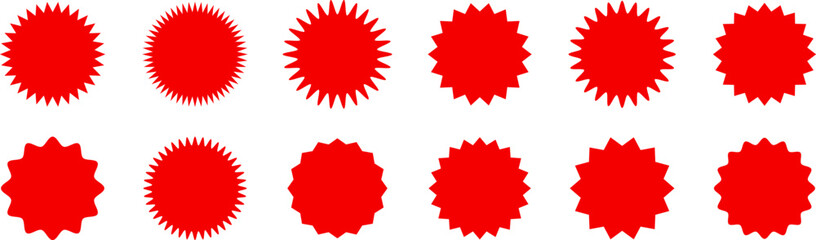 Red shopping labels collection. Sale or discount sticker. Starburst red sticker set. Special offer price tag. Supermarket promotional badge. Promo stickers with star edges. Vector