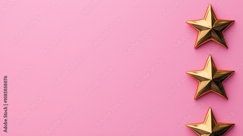 Poster business sales and algorithm concept. three golden stars are arranged on a soft pink background, cre