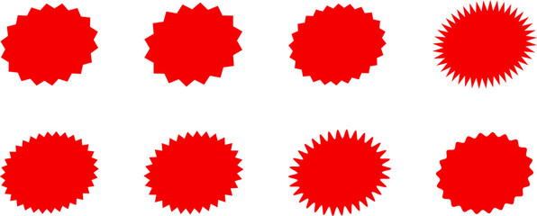 Red shopping labels collection. Sale or discount sticker. Starburst red sticker set. Special offer price tag. Supermarket promotional badge. Promo stickers with star edges. Vector