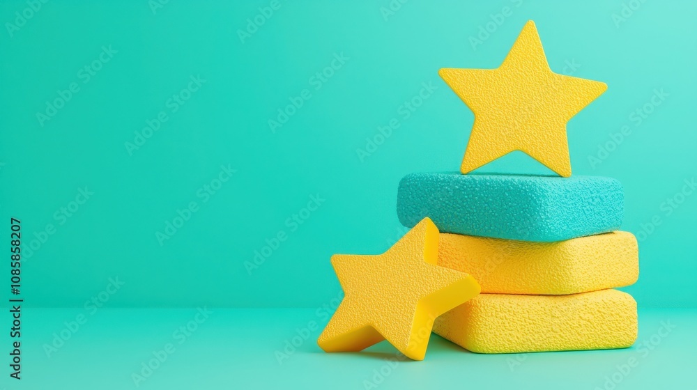 Poster business sales and algorithm concept. a stack of colorful sponges with yellow star shapes on a vibra