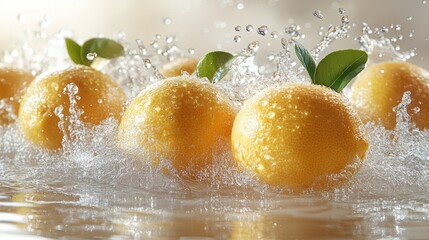Vibrant fresh lemons in mid-air with splashing water droplets, bright yellow fruit showcasing detailed texture, isolated on clean white background, ideal for stock imagery and commercial use.
