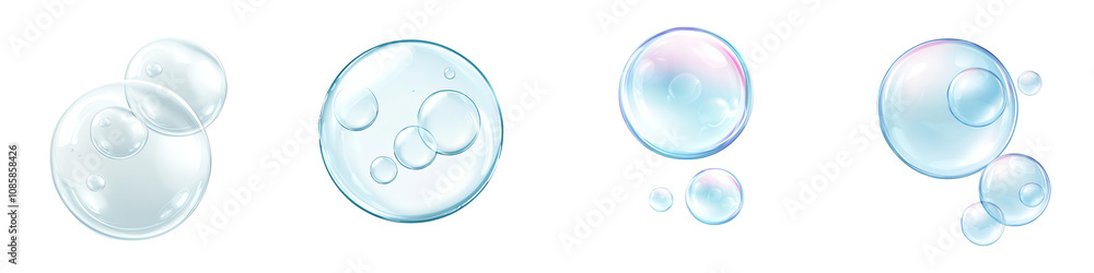 Poster various soap bubbles in different sizes on a white isolated background. transparent background