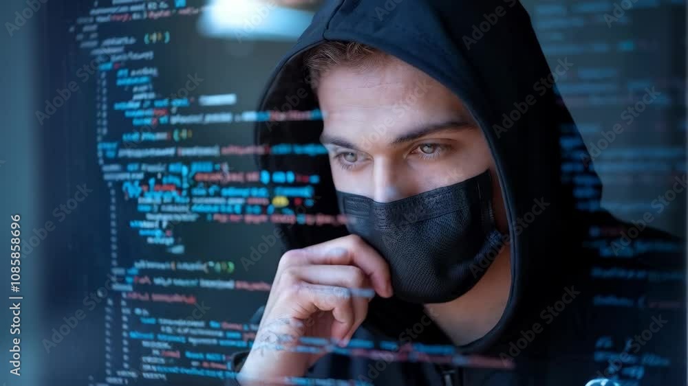 Poster a focused individual in a hoodie examines code on a screen, symbolizing technology and programming.