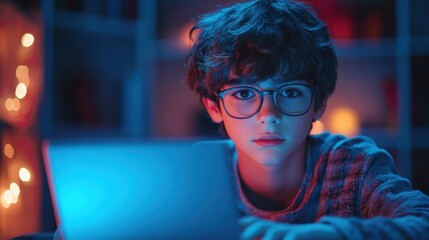Teenager boy engaged with a laptop late at night, illuminated by the screen glow. Teen and tween online safety, internet use, and need for digital awareness. Image made using Generative AI.
