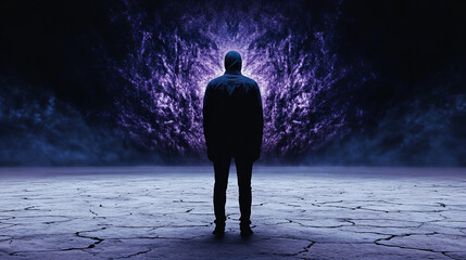 A lone figure standing in a barren landscape facing a vivid purple vortex at dusk, contemplating the mysteries of the unknown