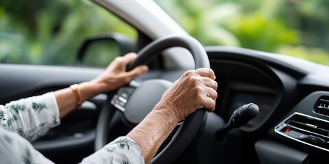 Senior woman driving car with focused grip on steering wheel in urban setting