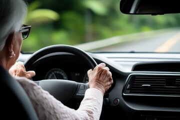 Senior woman driving on a scenic road: confidence and freedom
