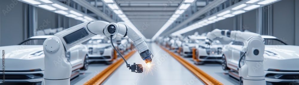 Poster automated robots assembling modern vehicles.