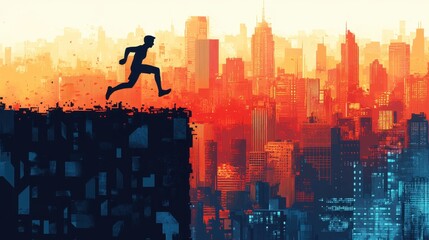 Silhouette of a Runner Leaping Over a Cityscape