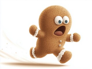 an outraged scared Christmas cookie running away being afraid of getting eaten, studio, white background, advertising digital illustration 