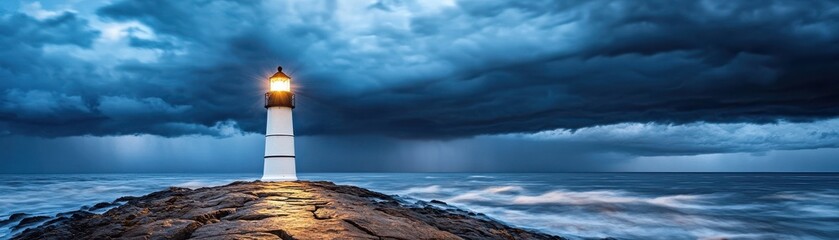 A lighthouse stands amid stormy ocean waves.