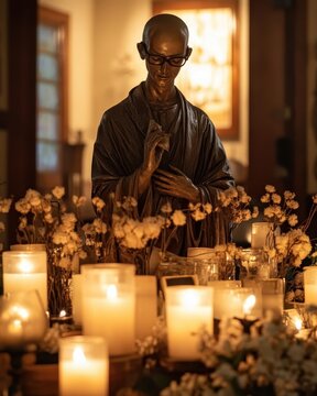 The statue of Saint Maximilian Kolbe, gracefully embodying sacrifice and devotion, is set amidst candles and religious symbols in a serene atmosphere