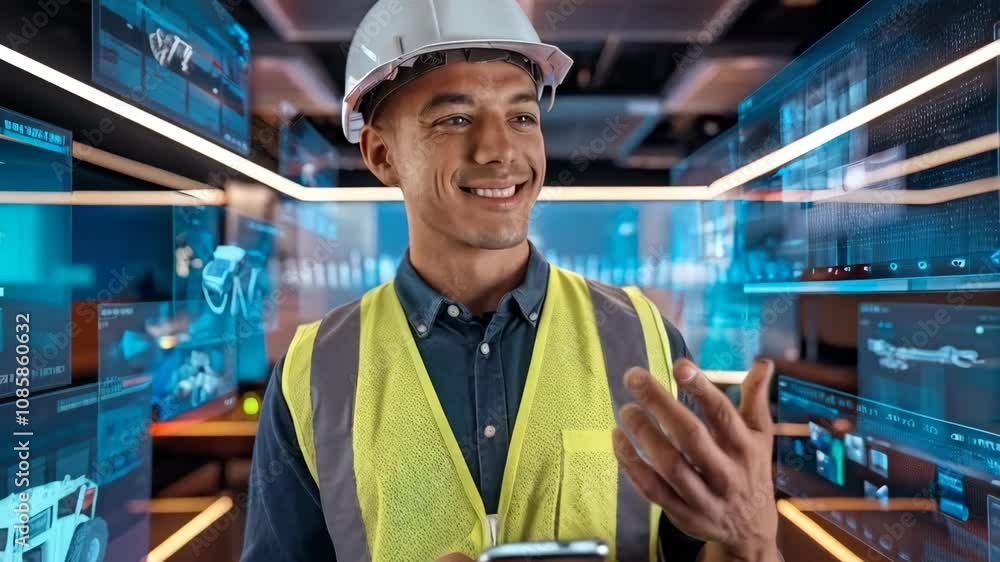 Poster a smiling construction worker using a smartphone in a high-tech environment.