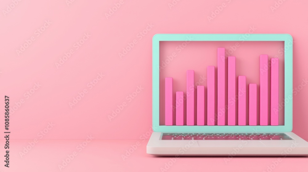 Aufkleber business sales and algorithm concept. a pastel-colored laptop displays pink bar graphs against a sof