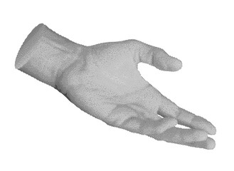 Hand gesture with outstretched palm reaching out, isolated in retro halftone dot style. Symbolizing interaction with invisible or virtual space, this nostalgic 1990s inspired