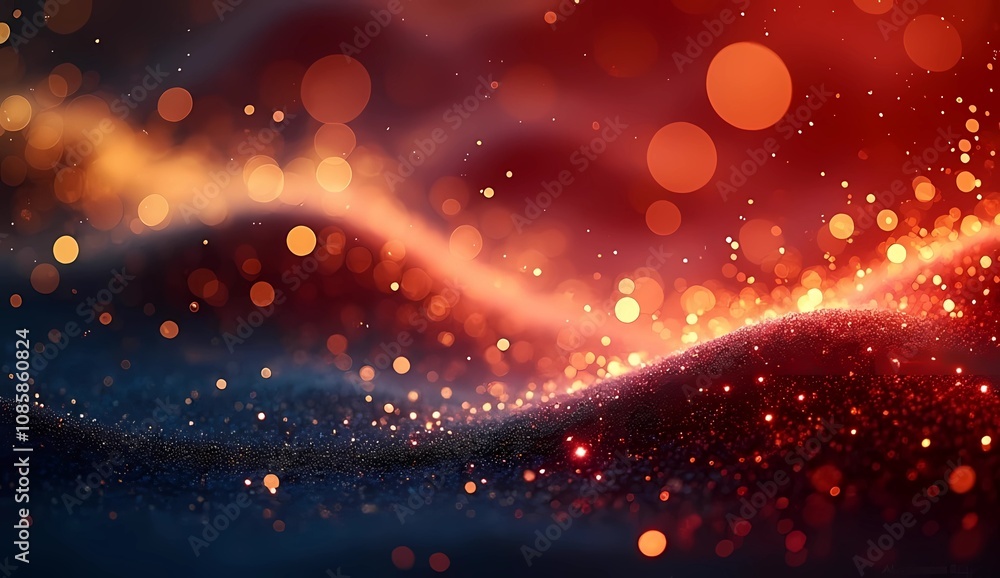 Poster dark background with a combination of dark red particles that create elegant waves of glittering eff