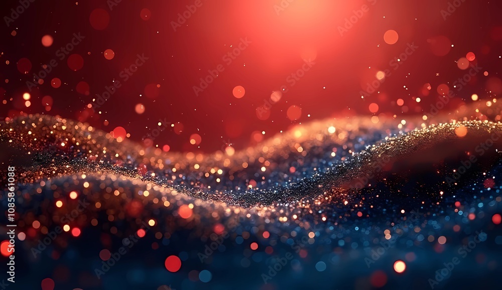Poster dark background with a combination of dark red particles that create elegant waves of glittering eff