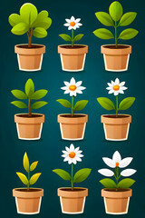 Nine potted plants showcasing growth stages ideal for gardening, plant care, nature, botany, and educational materials emphasizing growth process.