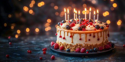 Gâteau d'anniversaire joliment décoré avec des bougies et des fruits rouges