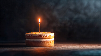 G&acirc;teau d'anniversaire minimaliste sur fond noir avec une bougie