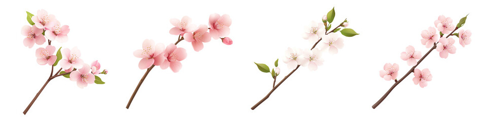 Obraz premium Cherry blossom branches with delicate pink flowers, white isolate background. transparent background
