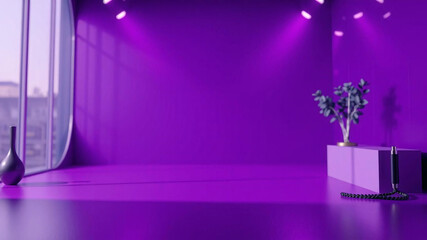 Naklejka premium The floor and purple walls are bare with vases and plants. Sunlight is streaming in through a window on the left.