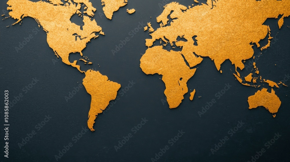 Poster business sales and algorithm concept. a golden world map on a dark background, highlighting continen