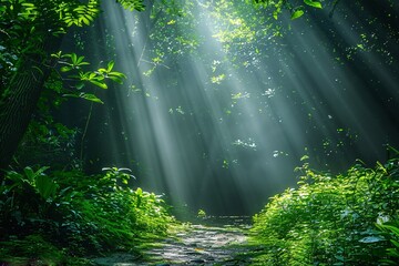 Obraz premium Gentle rays of sunlight stream through a dense forest canopy, casting light on a tranquil path. Lush greenery surrounds the way, creating a peaceful atmosphere in the early morning