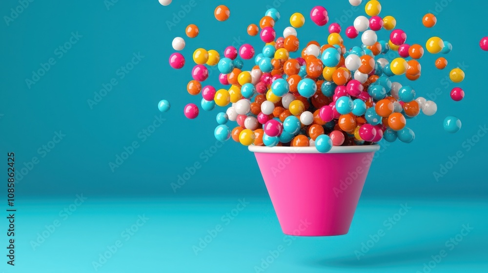 Poster business sales and algorithm concept. a vibrant pink pot overflows with colorful spheres against a t