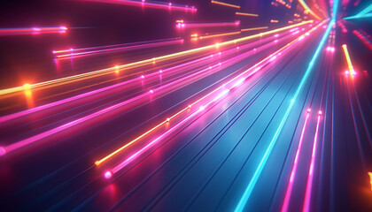 Obraz premium Colorful glowing neon lines in a sleek, modern design, isolated on a dark blue background, showcasing a high-tech ambiance for a dynamic night party or game environment.