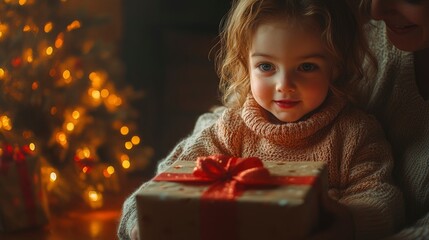 Mother helping young child open birthday present, both faces lit with joy