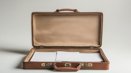 An open brown leather briefcase with two blank sheets of paper inside on a white background.