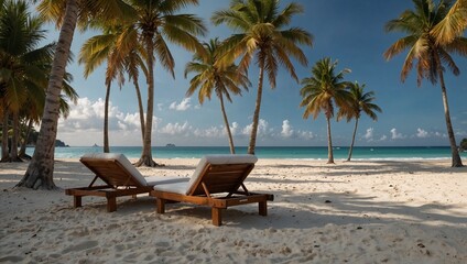 Sunbeds and palms on empty beach. Travel and vacation concept. Summer holidays idea. Copy space.