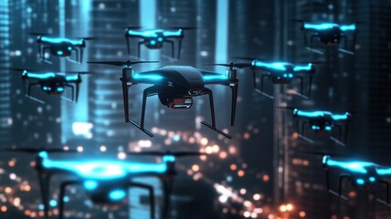 Drones flying over a futuristic cityscape.