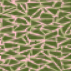Dotted pattern with deep green and soft pink tones. Abstract illustration, layout of circles, dynamic visual flow, blending organic and geometric elements in a striking and modern design for textile 