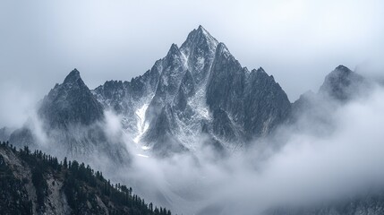 Beautiful landscape of snow-capped mountains surrounded by fog or clouds. Panoramic view of mountainous area with peaks. Illustration for cover, card, interior design, poster, brochure or presentation