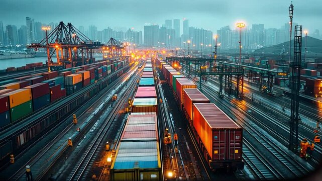 A train is traveling down a track with many other trains and cargo containers