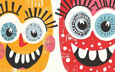 Obraz premium Two cartoon monsters with big eyes and big smiles full of teeth. Imitation of a painted picture. Illustration for banner, poster, cover, brochure or presentation.