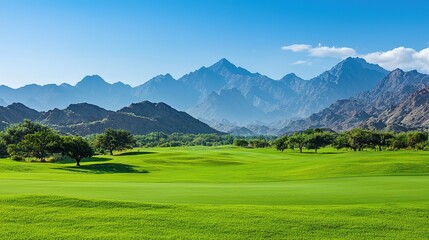Obraz premium Golfing adventure in hatta mountains stunning views of nature and landscape outdoor recreation experience