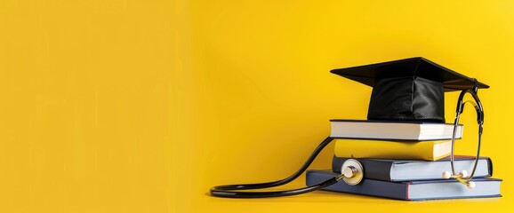 Graduation Cap on Books with a Stethoscope