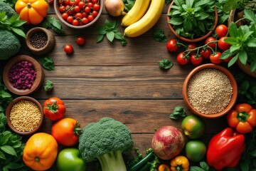 Fresh vegetable and fruit arrangement with herbs and grains on a wooden background copy space