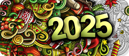 2025 doodles horizontal illustration. New Year objects and elements banner design. Creative cartoon winter holidays background. Colorful vector mural © balabolka