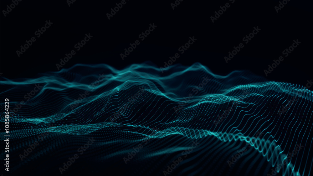 Poster futuristic point wave of particles. visualization of sound waves. dark background. technology or sci