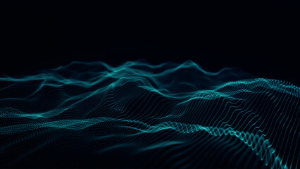 Futuristic point wave of particles. Visualization of sound waves. Dark background. Technology or science banner. Abstract digital 3D wave. Vector illustration.