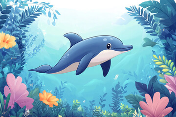 Fototapeta premium A Cartoon Dolphin Swims Amongst Lush Underwater Flora