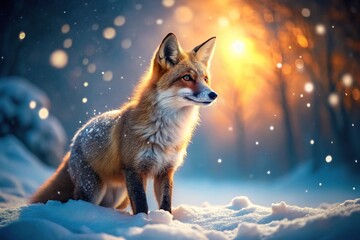 Close-Up Winter Fox in Snowscape with Intricate Fur Details and Magical Illumination