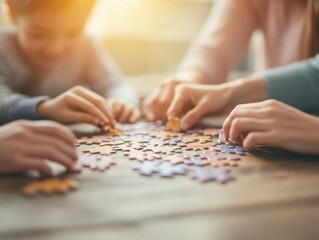 Family bonding over a fun puzzle activity.